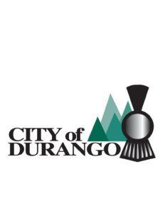 Logo with text "city of durango" with train and mountain graphics.