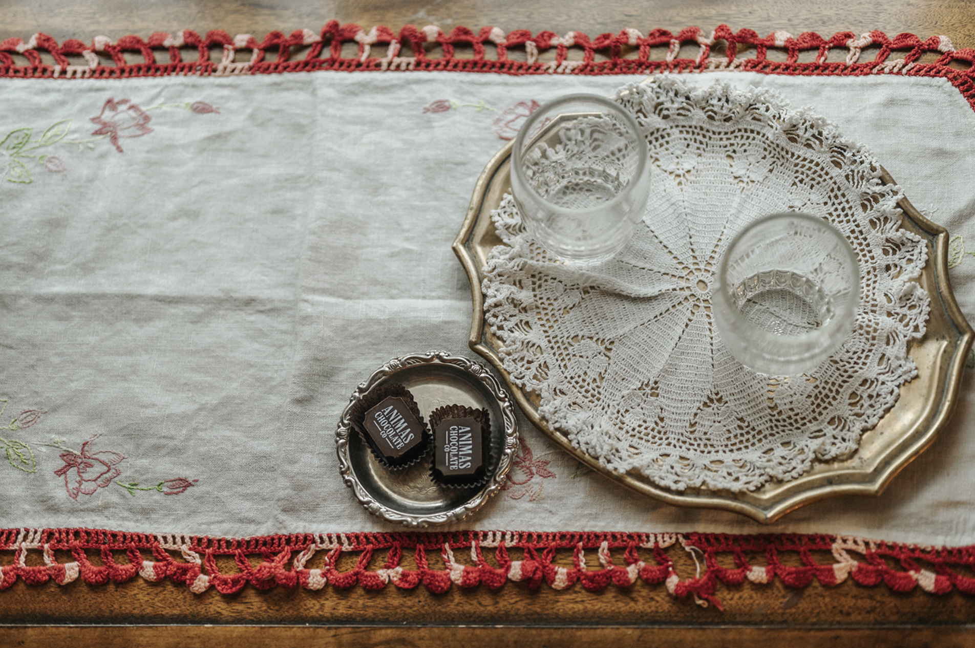 Tablescape with glasses and chocolate